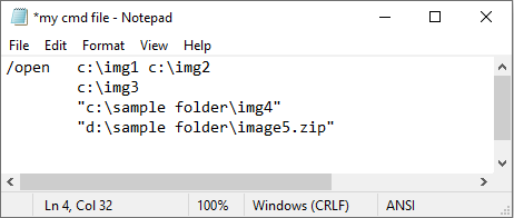 Command line interface example for Bandiview showing the /open parameter syntax.